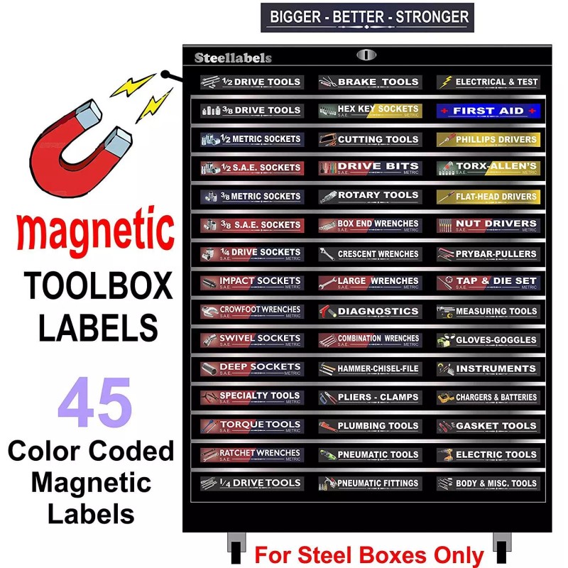 SteelLabels.com Ultimate Blue Magnetic TOOLBOX LABELS fits all tool chest