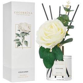 Cocorrína Flower Reed Diffuser - Clean Linen 6.7oz Scented Diffuser with Sticks Home Fragrance Essential Oil for Bathroom Shelf Decor (Artificial Flower)