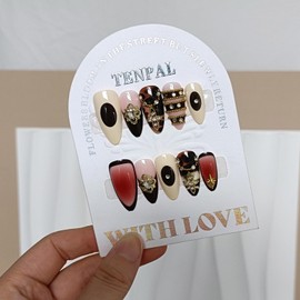 TENPAL Vintage Leopard French Tips Press on Nails Medium Almond,3D Palace-Inspired Ombre Ripples Golden Beads Designs False Nails Tips,Full Cover Reusable Elegant Retro Fake Nails for Women 24pcs