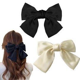 Pack of 2 Bows Hair Clips, Hair Clips Bow for Girls Women, Silky Satin Hair Bow, Hair Bows with Bow, Hair Accessories, Hair Bow Hair Clips, Hair Accessories, Black, Beige