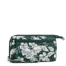 Vera Bradley Unisex's Cotton Collegiate Front Zip Wristlet with RFID Protection (Multiple Teams Available), Dk Green/White Rain Garden, One Size