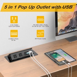 UL Listed Recessed Power Strip, Pop Up Power Cover Box Desktop Socket with PD 20W USB C Charging Ports, Stainless Steel Receptacle Outlet for Conference Room Countertop (Black-USB C)