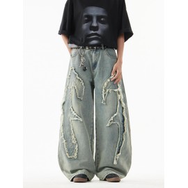 DFGIGT Men's Baggy Jeans Hip-hop Fringe Frayed Edges Jeans Wide Leg Denim Pants Loose Fit Distressed Straight Leg Relaxed Fit 2000s Extreme Motion Skater Skateboard Street,A20 Dark Blue,XX-Large