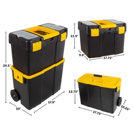 Portable Tool Box with Wheels - Stackable 2-in-1 Tool Chest with Fold-Down Comfort Handles, Tough Latches, and Removable Storage Trays by Stalwart
