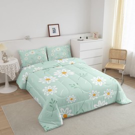 Manfei Cute Flower Comforter Set Full Size, Botanical Theme Floral Print Bedding Set 3pcs for Kids Girls Room Decor, Watercolor Daisy Quilt Set Soft Polyester Duvet Set with 2 Pillowcases