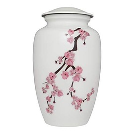 Liliane Memorials Pink Cherry Blossom Flowers Cremation Urn - White Funeral Urn for Human Ashes - Hand Made in Aluminum - Suitable for Cemetery Burial or Niche - Large Size fits Remains of Adults