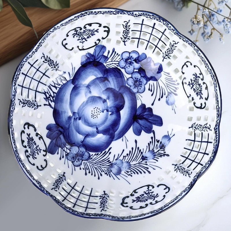 UANYEMON 9.8‘’ Blue and White Ceramic Decorative Bowl with Feet,