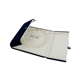 Svea Display Premium Grade Beautiful Navy Blue Velvet Jewelry Box for Large Necklace and Earrings as Set Pearl Neckalce Strands Presentation Unique Design