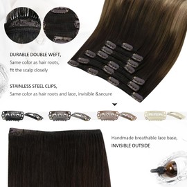 Moresoo Clip in Hair Extensions Balayage Dark Brown to Dark Ash Blonde with Dark Blonde Ombre Double Weft Real Human Hair Extensions Clip ins 7pcs/135g 18inch