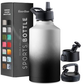 FineDine Water Bottle - Stainless Steel Insulated Water Bottle with Straw Lid, Flip Lid & Wide-Mouth Cap - Keeps Hot and Cold - 64 Oz / 1.89L - Dreamy Black-White
