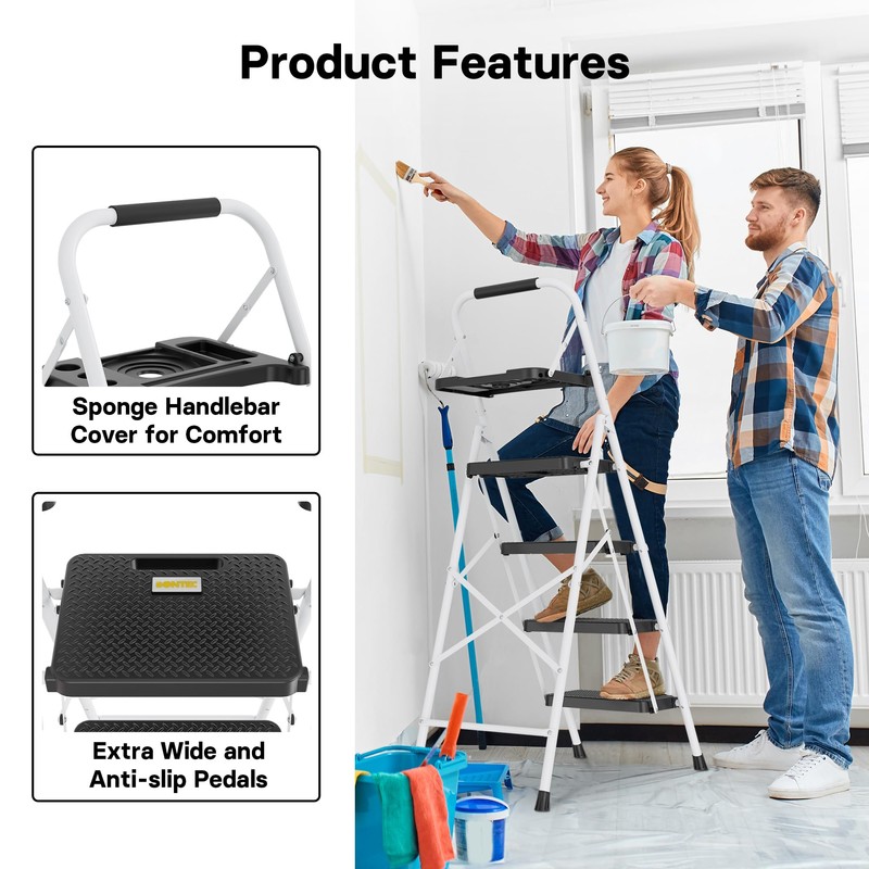 BONTEC 4-Step Ladder, Folding Step Stool with Tool Platform, Wide