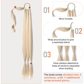 SEIKEA Upgraded Long Braid Ponytail Extension with Elastic Tie Straight Sleek Wrap Around Braid Hair Extensions Ponytail Cool Platinum Blonde 34 Inch (After Braided 30 Inch)