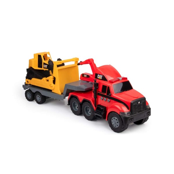 CatToysOfficial, CAT Construction Heavy Movers, Semi Firetruck and Trailer, with Bulldozer, Lights & Sounds, Ages 3 and up