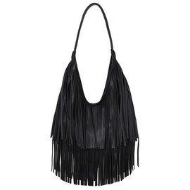 Damajia Faux Leather Small Fringe Hobo Purse Slouchy Shoulder Bag for Women, Black