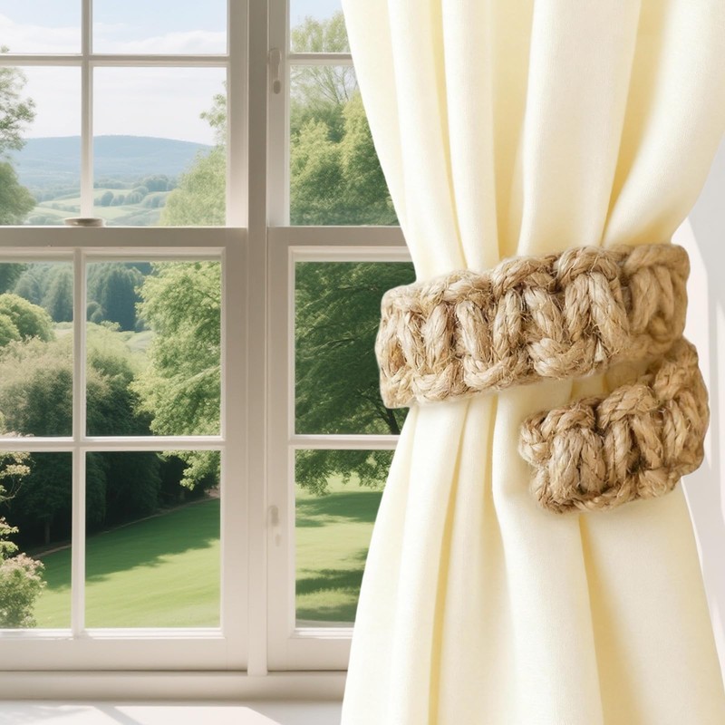 6 Pcs Braided Boho Curtain Tiebacks,Jute Rope Rustic Curtain Tie