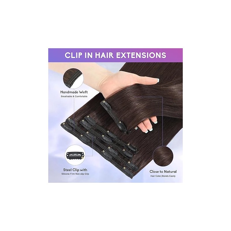 Dark Brown Clip in Hair Extensions Real Human Hair Invisible