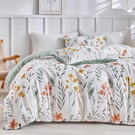 Lekesky Duvet Cover Queen Size, 100% Cotton Reversible Floral Duvet Cover with Zipper, 3 Pieces Green Bedding Set Soft Cotton Duvet Cover, 1 Queen Duvet Cover 90"x90" and 2 Pillowcases 20"x26"