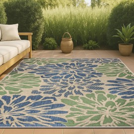 JONATHAN Y SMB110B-8 Zinnia Modern Floral Textured Weave Indoor Outdoor Area Rug Bohemian Coastal Easy Cleaning Bedroom Kitchen Backyard Patio Non Shedding, 8 X 10, Navy/Green