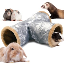 LeerKing 3 Way Guinea Pig Tunnel Canvas Rabbit Tunnels and Hides Rat Tube Hideout Sleep Collapsible Toy Accessories for Ferrets Squirrel Hedgehog Chinchillas Gray L