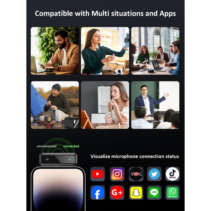 Wireless Lavalier Microphone for iPhone 5-14 Series, LED Display Mini
