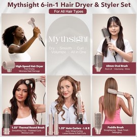 Mythsight StyleVibe 6-en-1 secador de aire, secador de pelo y cepillo secador de pelo con estuche de viaje - Rulos de enrollado automático (L/R), seca