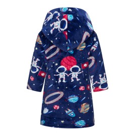 LANKMEI Boys Hooded Fleece Robe Cute Cartoon Pattern Bathrobe Comfy Plush Flannel Long Robes Toddler Winter Robe Sleepwear with Belt, Astronaut, Tag 110 = 4T