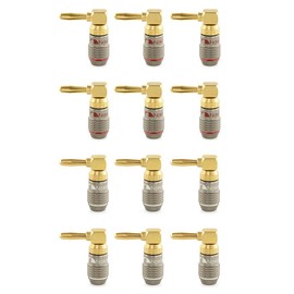 Nakamichi FanLock Excel Series 24k Gold Plated Right-Angle 90 Degree Banana Plug 10 AWG - 18 AWG Gauge Size 4mm for Speakers Amplifier Hi-Fi Home Theatre Wire Cable Quick Connector, 12 Pcs (6-Pairs)