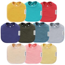 Hakochia Extra Thick Muslin Baby Bibs, for Heavy Droolers 0-36M | 6-Layer Super Absorbent Baby Feeding Bibs | Unisex Neutral Design 10-Pack, Hypoallergenic & Quick Dry