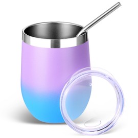 Volhoply 12oz Stainless Steel Wine Tumbler with Lid and Straw,Double Wall Vacuum Insulated Stemless Wine Glasses,Reusable Travel Coffe Mug for Cold Drinks,Tumblers Gifts for Women Men（Lavender,1 Set）
