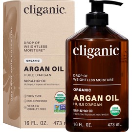 Cliganic Organic Argan Oil, 480 ml - USDA Certified - Pure Single Ingredient - Cold Pressed Body Oil - Non-GMO - Vegan, Cruelty-Free - for Hair, Face, and Body - For All Hair/Skin Types