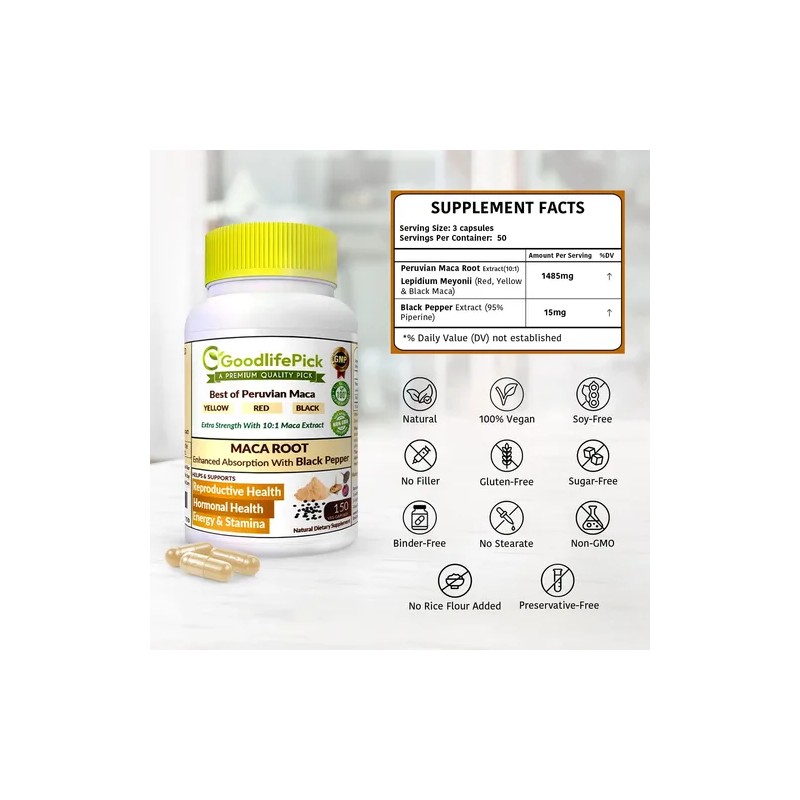 Cápsulas Maca Peruana Amarilla Roja Negra Pimienta 150ct