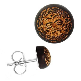 CHICNET Wooden Earrings, Stainless Steel, sono Wood, Round, 8mm, Laser Engraving, Gold, Motifs, Unisex, Celtic, Nordic Viking Maori Aztec Symbols, Warrior mask