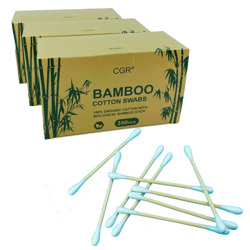 1050pcs CGR Organic cotton Swabs, 100% Cotton Double-Tipped, Bamboo Sticks(compostable),