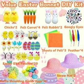 Edmirfun Easter Bonnet Kit, Kids DIY Easter Craft Set with Chicks, Bunny, Carrots, Eggs, Flowers for Easter Hat Decoration, Easter Bonnet DIY Activity for Kids 3 4 5 6 7 8 Years Old