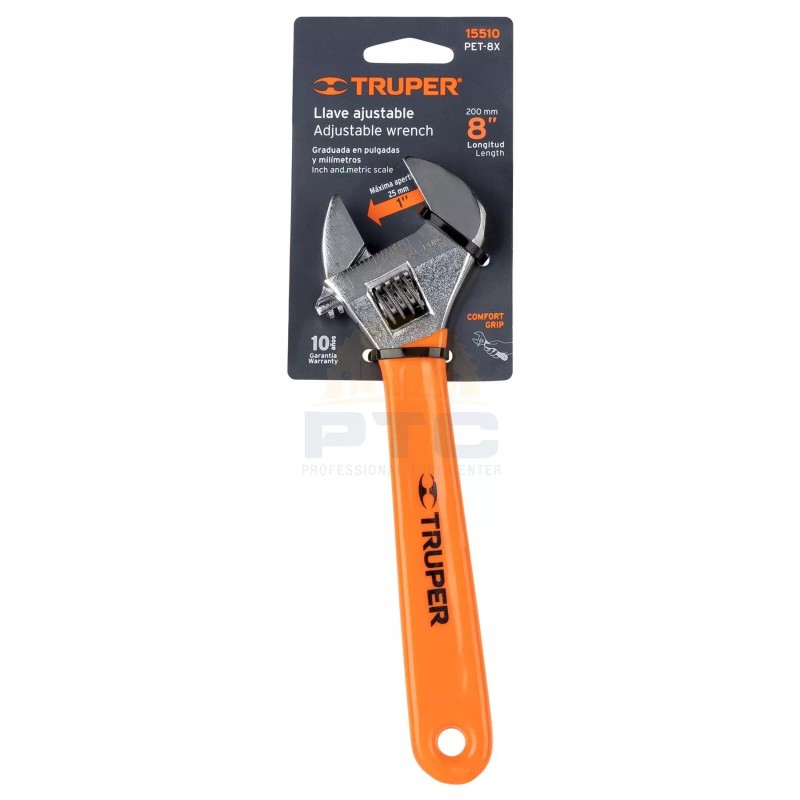 Truper PET-8X Adjustable wrench (parakeet) 8" chromed PVC handle