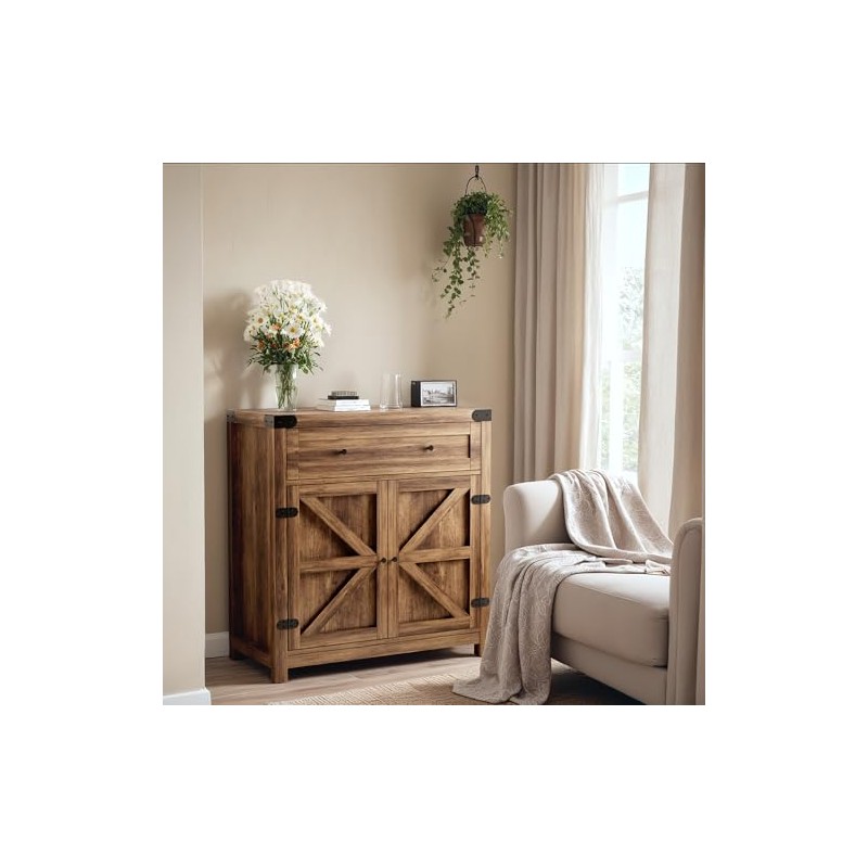 YESHOMY Coffee Bar and Accent Cabinet, Farmhouse Barn Door Buffet