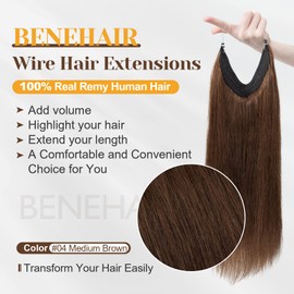 Benehair Human Hair Extensions Thick Ends Invisible Wire Real Human Hair with 2 Fish Lines Thicker Hairpieces 16 Inch 90g Medium Brown Hair Extensions Straight Thicker Hairpieces for Women #4