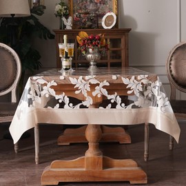Artbloss Vinyl Table Cloth Rectangle Clear Table Cover Protector with Block Printed Pattern Oil Spill Proof Farmhouse Rustic Plastic Table Covers for Dining Tables (Scroll Grass, 52 x 70 Inches)