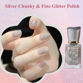 Clear Glitter Nail Polish, Air Fast Dry Chunky Glitter Nail Polish, Silver Shimmer Gel Nail Polish, Sparkle Clear Nail Polish with Glitter for Women Girls, Silver Glitter Top Coat Gel Polish, 14ML