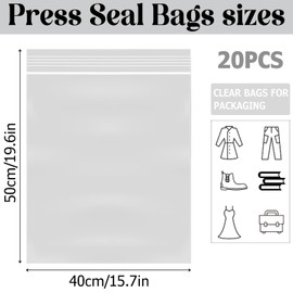 HIGA-JKL 20 Pack 40×50 Clear Plastic Bags,Resealable Clear Plastic Bags,Press Seal Bags,Reusable,Large Sealed Bags,Suitable for shirts, thin jackets, blankets etc（No Hole）