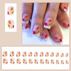 Fall Press on Nails Short Square Nails Maple Leaf False Nails Autumn Full Cover Coffin Glue on Nails Maple Leaves Design Acrylic Nails for Women Nails Supplies 24Pcs