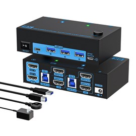 8K HDMI KVM Switch 2 Monitors 2 Computers, ANXQQ 8K@60Hz 4K@144Hz USB 3.0 Dual Monitor KVM Switch, 2 Computers Share 4 USB Devices with 2 USB Cables and Power Adapter