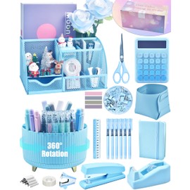 LXEVIHK 20Pcs Blue Desk Organizers and Accessories With Mesh Desk Organizer and 360°Rotating Pen Holder and a Lot of Office Blue Office Supplies Beautifully Presented in a Gift Box