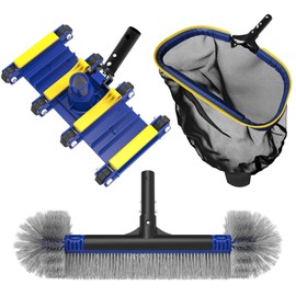 Poolvio Upgraded Pool Cleaning Kit – Weighted Vacuum Head with Wheels, 2-in-1 Pool Brush & Skimmer Net for Easy Debris Removal (No Pole)