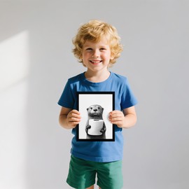 Framed Black and White Bathroom Canvas Wall Art, Funny Animal Bathroom Decor Cute Otter Holding A Roll of Toilet Paper Picture Modern Humor Painting Wall Decor Ready to Hang 10'' x 8''