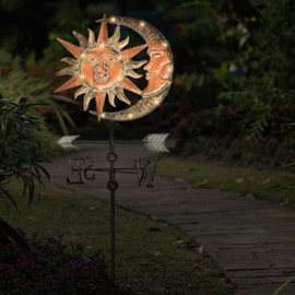 TERESA'S COLLECTIONS 39.9" Sun & Moon Face Solar Outdoor Lights, Metal Decorative Stake Weathervane Garden Decor for Outside, Yard Decorations Outdoor Lawn Ornaments for Porch Decor, Gift for Dad Mom