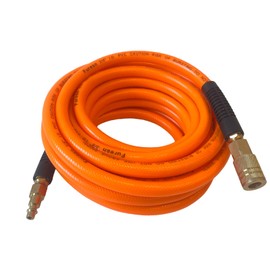 Air Hose 3/8 in x 50 ft, PVC, Reinforced Air Compressor Hose, Heavy Duty, Kink Resistant with 1/4 in Solid Brass Male Fittings, Bend Restrictors, for All Weather Flexibility, 300 PSI (50FT, Orange)