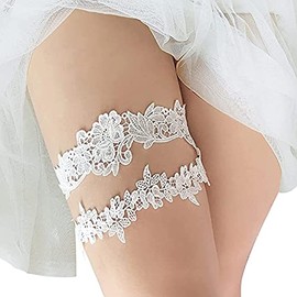 Taube Wedding Garter Set For Bride Stretchy Lace Leg Garter Floral Garters For Bride With Pearl And Rhinestones (Lace-White-plus)