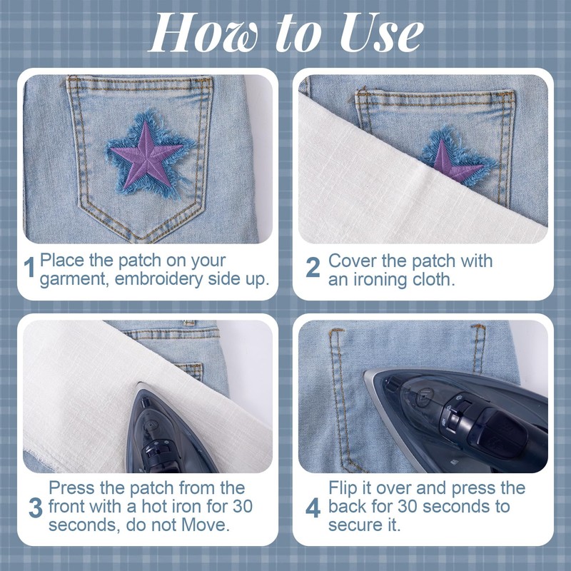 3pcs Denim Star Iron on Patches, 2.55in, Purple