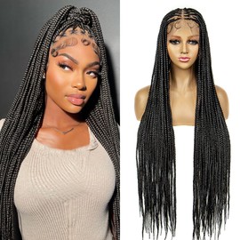 Braided Wigs for Black Women Transparent HD Full Lace Knotless Box Braided Wigs Twist Cornrow Braids Synthetic Lace Front Braided Wigs with Baby Hair Handmade Faux Locs Wig Braided Wigs 36 inches (1B Color)